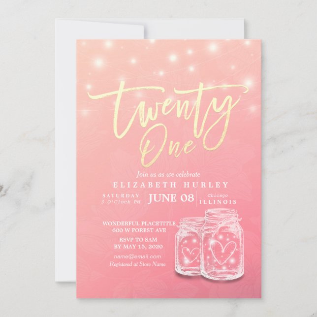 21 Birthday Party Modern Mason Jars String Lights Invitation (Front)
