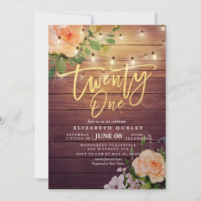 21 Birthday Party Rustic Wood Flowers String Light Invitation (Front)