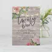 21 Birthday Party Rustic Wood Flowers String Light Invitation (Standing Front)