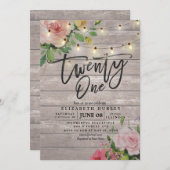 21 Birthday Party Rustic Wood Flowers String Light Invitation (Front/Back)