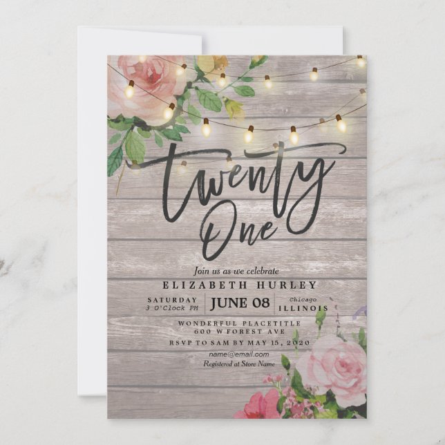 21 Birthday Party Rustic Wood Flowers String Light Invitation (Front)