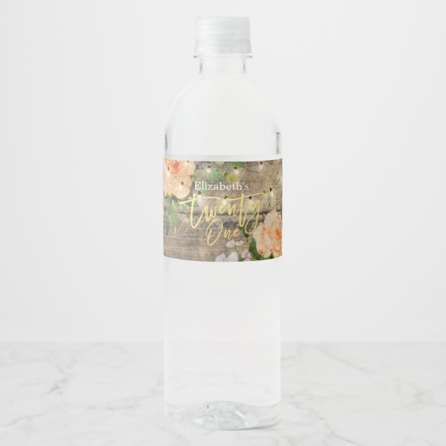 21 Birthday Party Rustic Wood Flowers String Light Water Bottle Label (Front)