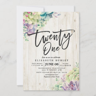 21 Birthday Party Watercolor Succulent Rustic Wood Invitation