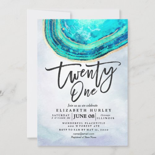 21 Birthday Party Watercolor Teal Gold Agate Geode Invitation