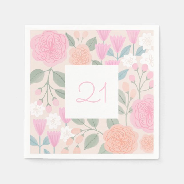21 Birthday Pretty Floral Pink Peach Illustration  Napkins (Front)