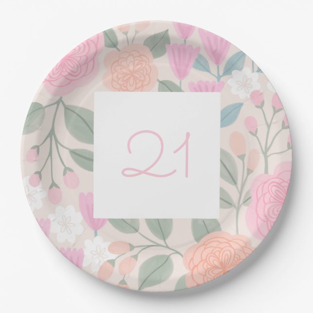 21 Birthday Pretty Floral Pink Peach Illustration  Paper Plates (Front)
