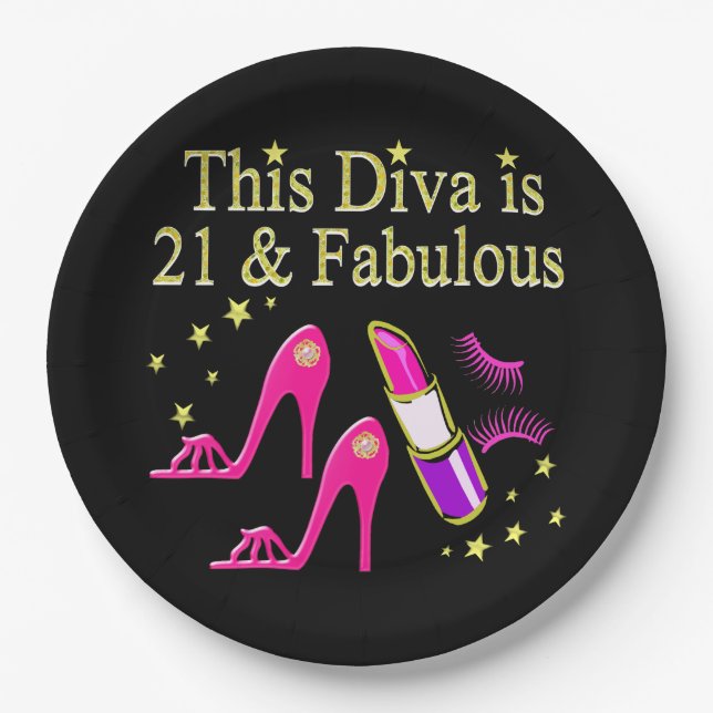 21 & FABULOUS PINK SHOE AND LIPSTICK DIVA DESIGN PAPER PLATES (Front)