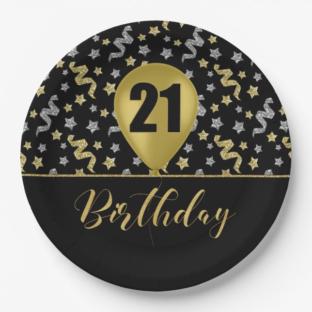 21 Gold Birthday Ballon on Black Gold Confetti Paper Plates (Front)