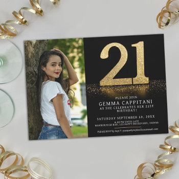 21 Gold Glitter 21st Birthday Custom Photo Invitation by Mylittleeden at Zazzle