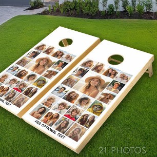 21 Photo Collage - Custom Text - Black and White Cornhole Set