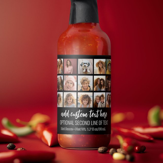 21 Photo Collage Grid - 2 Text boxes - black white Hot Sauces (Custom Hot Sauce with Photo Collage)