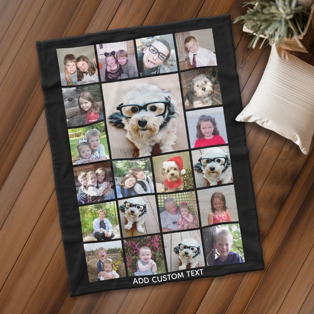 21 Photo Collage - Grid with extra Text - black Fleece Blanket (Personalized fleece blanket with 21 photos and a monogram)