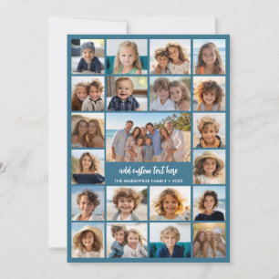 21 Photo Collage - Modern Blue - White Script Text Holiday Card