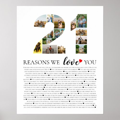 21 reasons why we love you 21st birthday photo poster