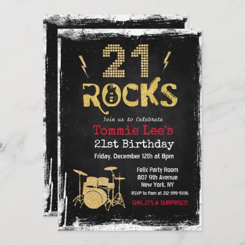 21 Rocks Rockstar Guitar 21st Birthday Invitation