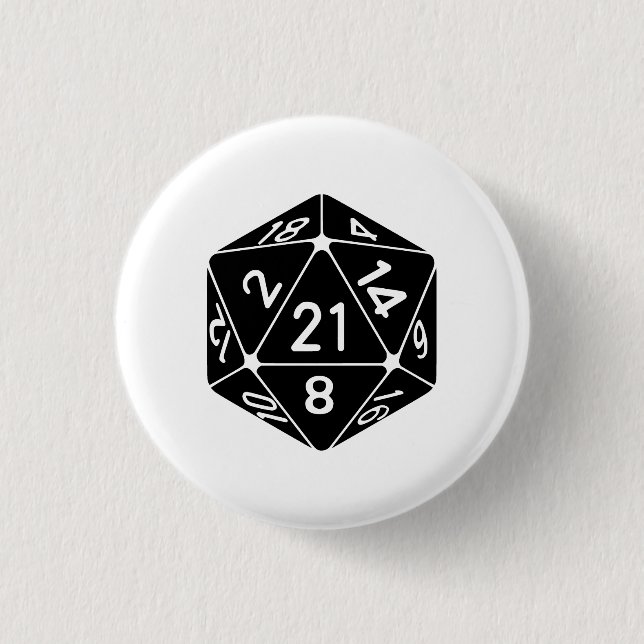 21 Sided 21st Birthday D20 Fantasy Gamer Die Button (Front)
