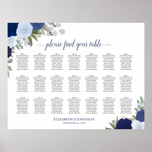 21 Table Blue Boho Floral Wedding Seating Chart