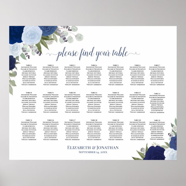 21 Table Blue Boho Floral Wedding Seating Chart (Front)
