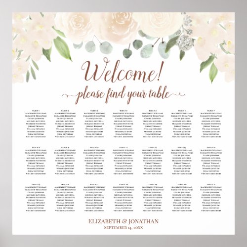 21 Table Blush Peach Roses Wedding Seating Chart