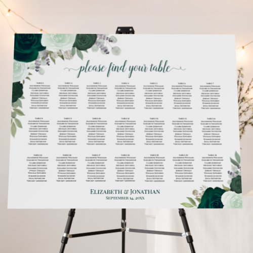 21 Table Boho Emerald Roses Wedding Seating Chart Foam Board
