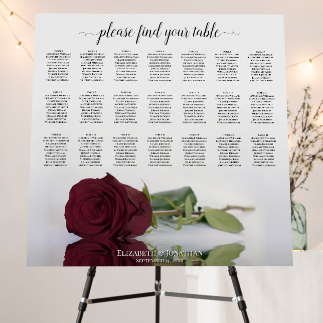 21 Table Burgundy Rose Wedding Seating Chart Foam Board (In Situ (Stand))
