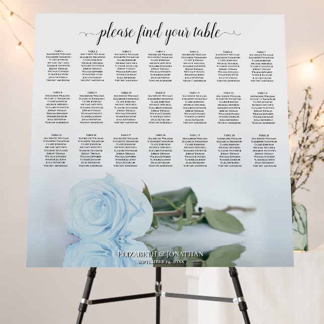 21 Table Dusty Blue Rose Wedding Seating Chart Foam Board (In Situ (Stand))