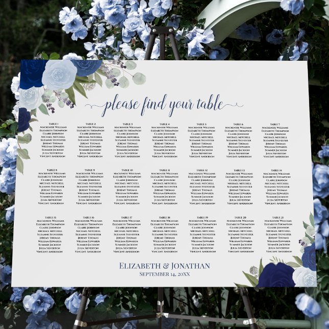 21 Table Elegant Blue Roses Wedding Seating Chart Foam Board (In Situ on Stand with Flowers)