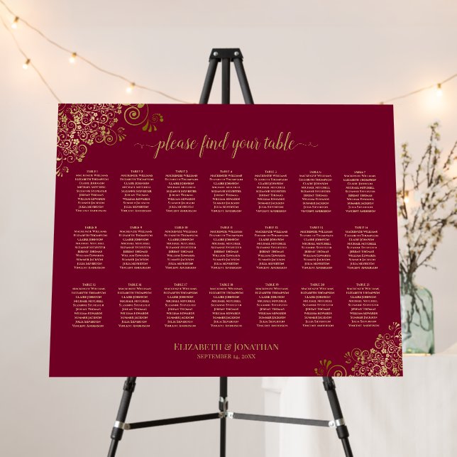 21 Table Elegant Burgundy & Gold Seating Chart Foam Board (In Situ (Stand))