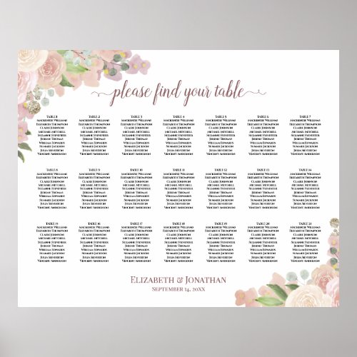 21 Table Elegant Pink Floral Wedding Seating Chart