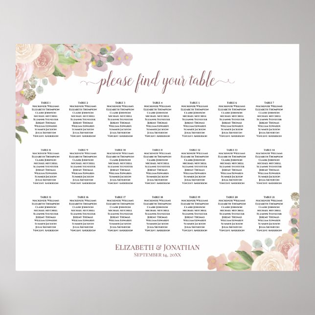 21 Table Elegant Pink Floral Wedding Seating Chart (Front)