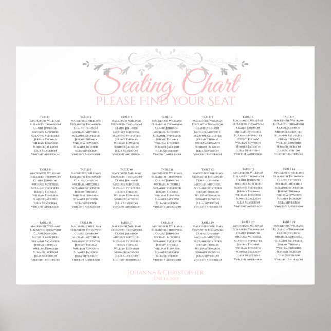 21 Table Elegant Pink & Gray Wedding Seating Chart (Front)