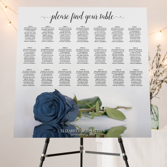 21 Table Elegant Steel Blue Rose Seating Chart Foam Board (In Situ (Stand))