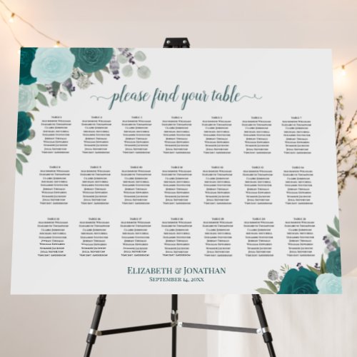 21 Table Elegant Teal Roses Wedding Seating Chart Foam Board