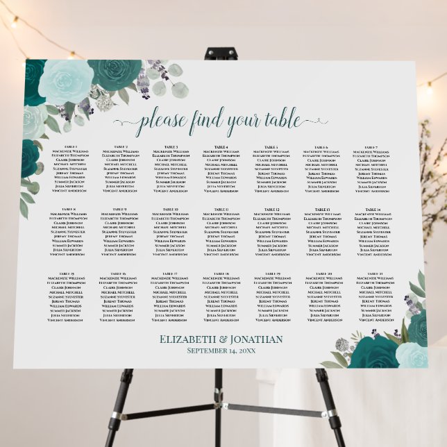 21 Table Elegant Teal Roses Wedding Seating Chart Foam Board (In Situ (Stand))