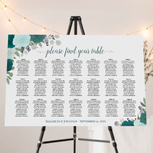 21 Table Elegant Teal Roses Wedding Seating Chart Foam Board