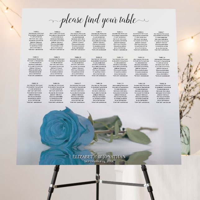 21 Table Elegant Turquoise Blue Rose Seating Chart Foam Board (In Situ (Stand))