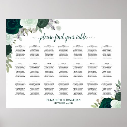 21 Table Emerald Boho Floral Wedding Seating Chart