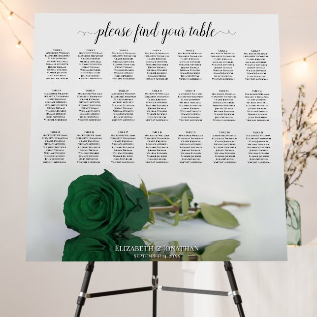 21 Table Emerald Green Rose Wedding Seating Chart Foam Board (In Situ (Stand))