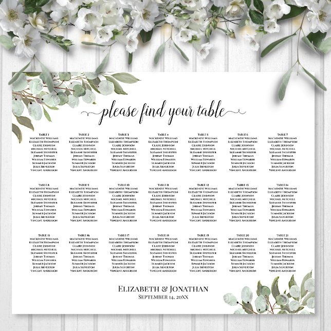 21 Table Eucalyptus Foliage Wedding Seating Chart (In Situ on Wall with Flowers)