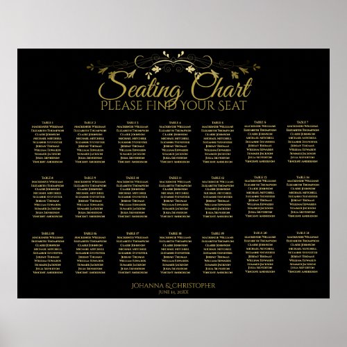 21 Table Gold Flourish Black Wedding Seating Chart