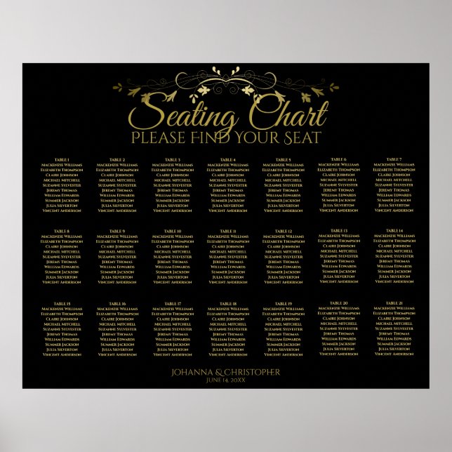 21 Table Gold Flourish Black Wedding Seating Chart (Front)