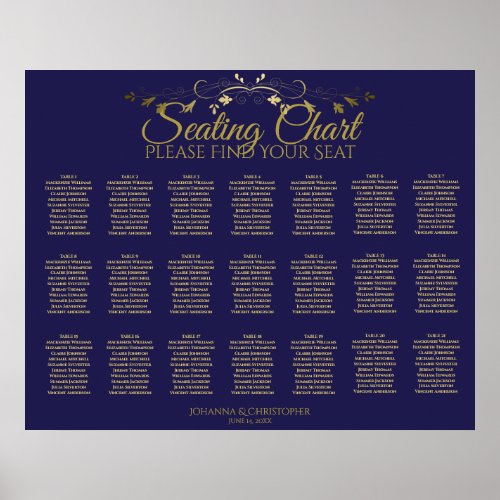 21 Table Gold Flourish Navy Wedding Seating Chart