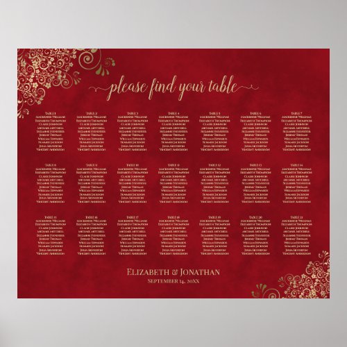 21 Table Gold Frills on Red Wedding Seating Chart