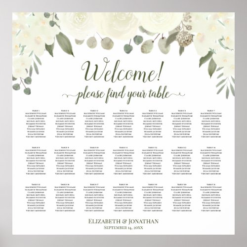 21 Table Ivory White Roses Wedding Seating Chart