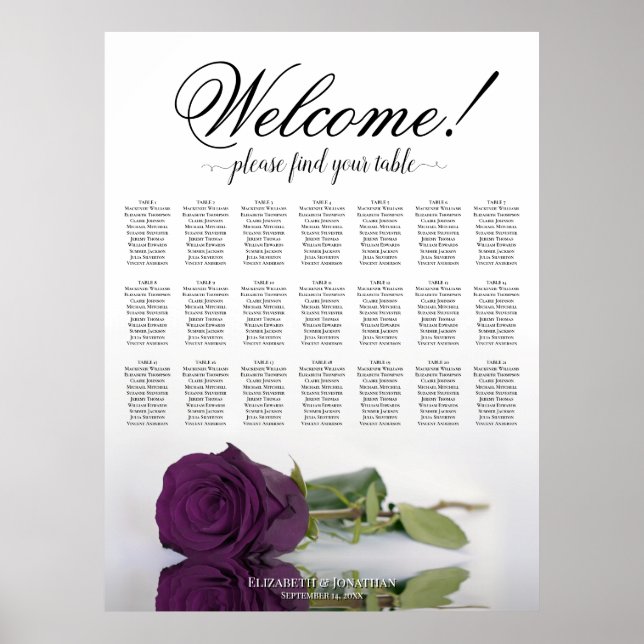 21 Table Plum Purple Rose Wedding Seating Chart (Front)