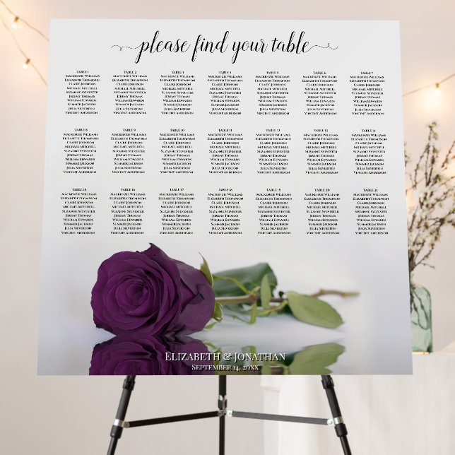 21 Table Plum Purple Rose Wedding Seating Chart Foam Board (In Situ (Stand))