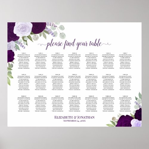 21 Table Purple Boho Floral Wedding Seating Chart