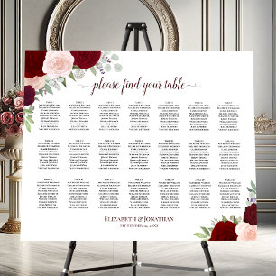 21 Table Red & Pink Roses Wedding Seating Chart Foam Board