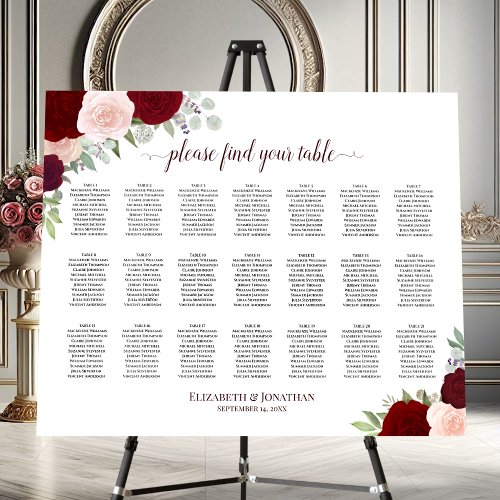 21 Table Red  Pink Roses Wedding Seating Chart Foam Board