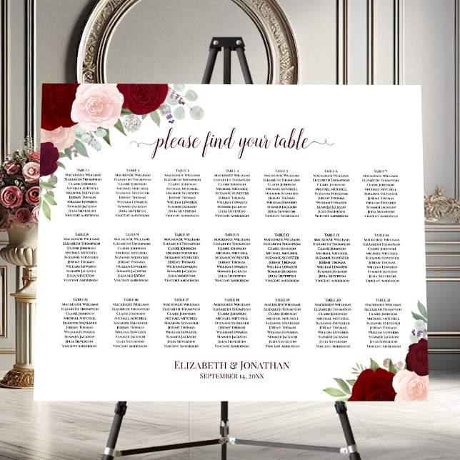 21 Table Red & Pink Roses Wedding Seating Chart Foam Board (On Stand)
